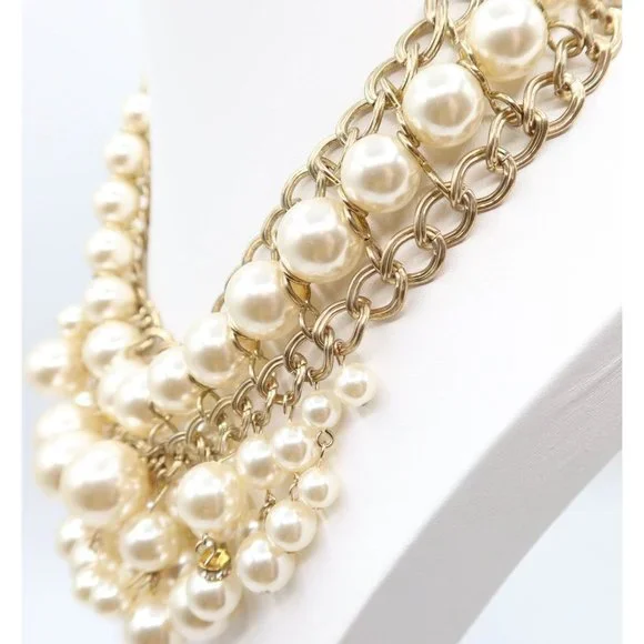 CHICOS Ornate Chunky Gold Tone & Faux Pearl Dangle Bauble Statement Necklace - Picture 5 of 10